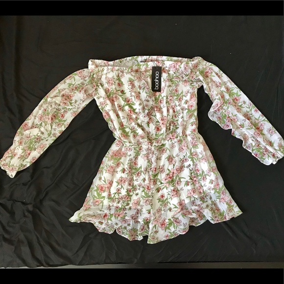 Boohoo Pants - Boohoo Chiffon Off Shoulder Playsuit